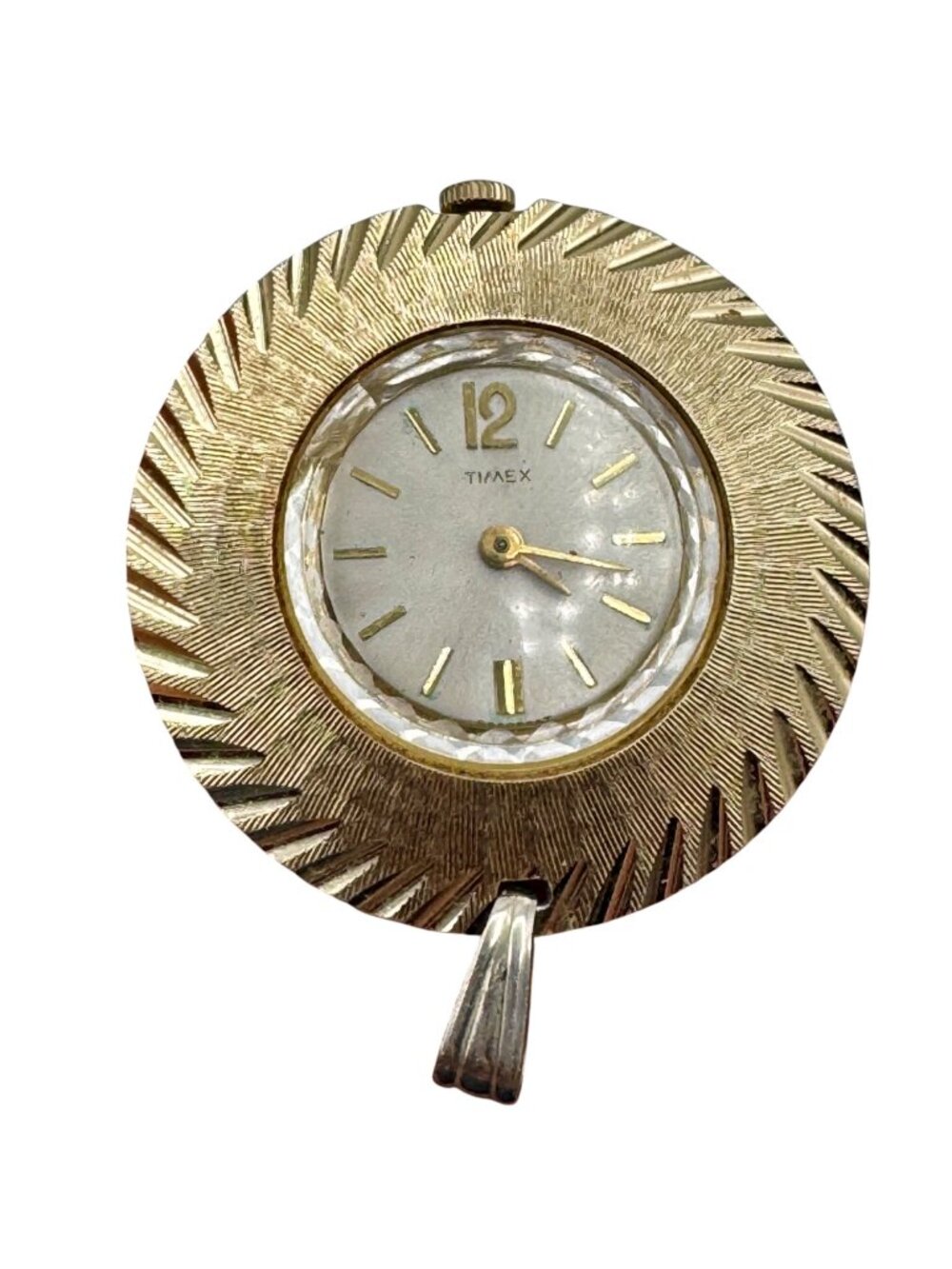 Vintage Timex Watch Pendant Gold Tone Starburst Mechanical Wind 35mm Runs Slow